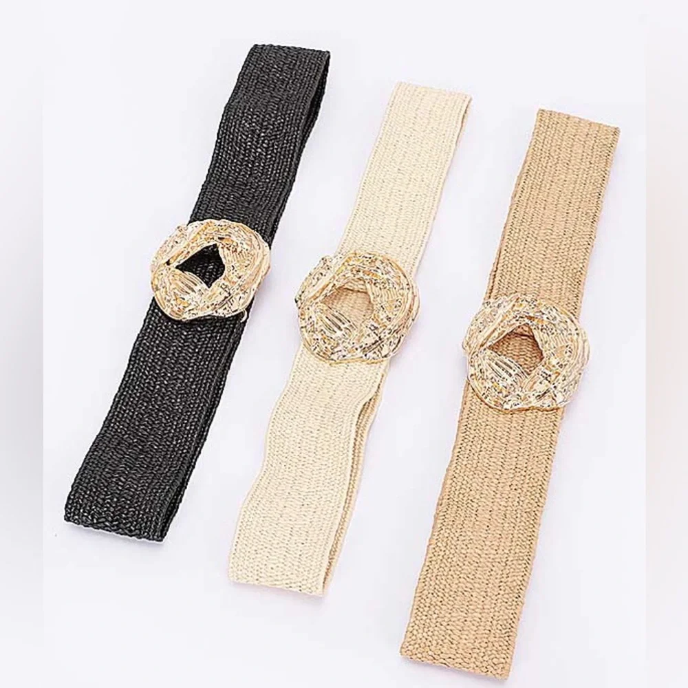 Gold & Tan Woven Straw Statement Belt